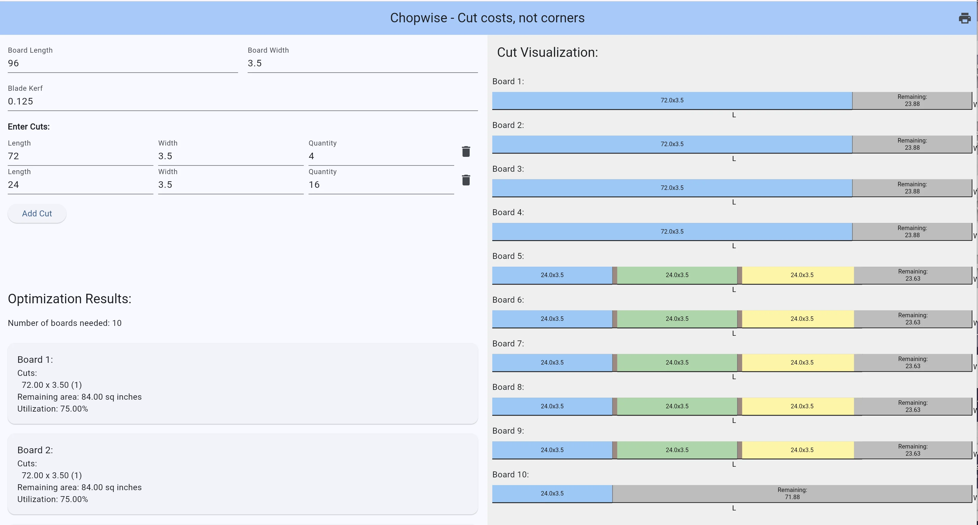 Chopwise app showing board inputs on the left and color-coded cut visualization for 10 boards on the right