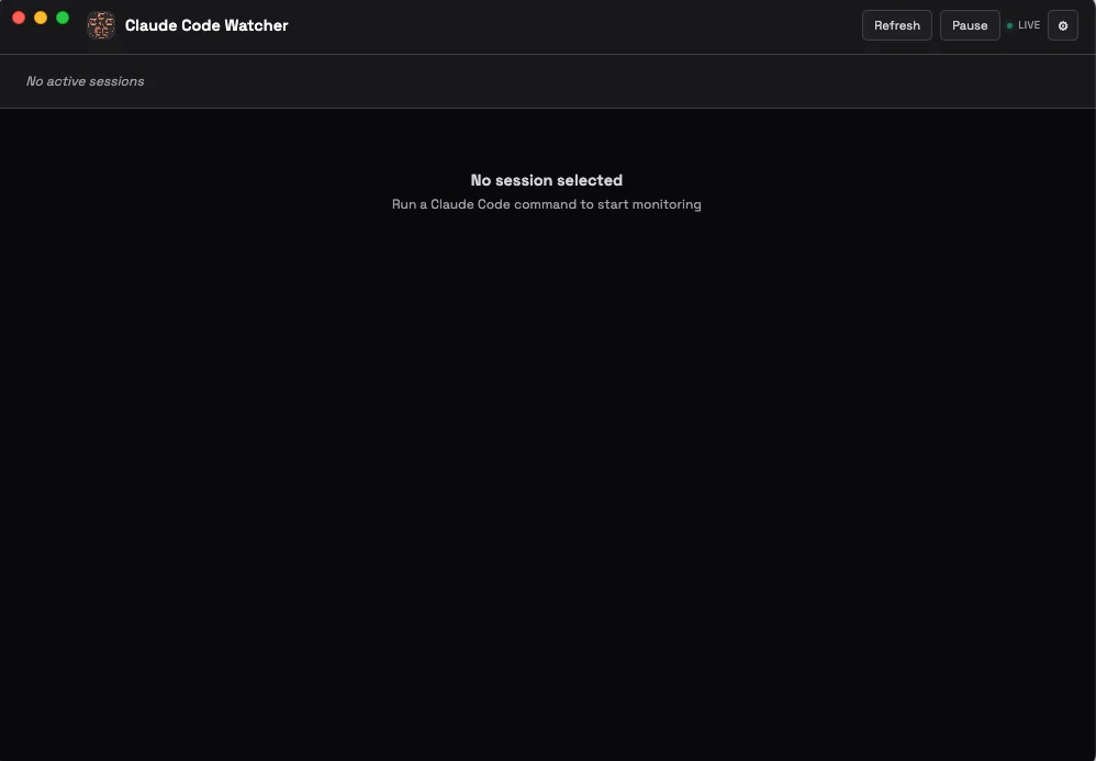 Claude Code Watcher dashboard showing the empty state, ready to monitor sessions