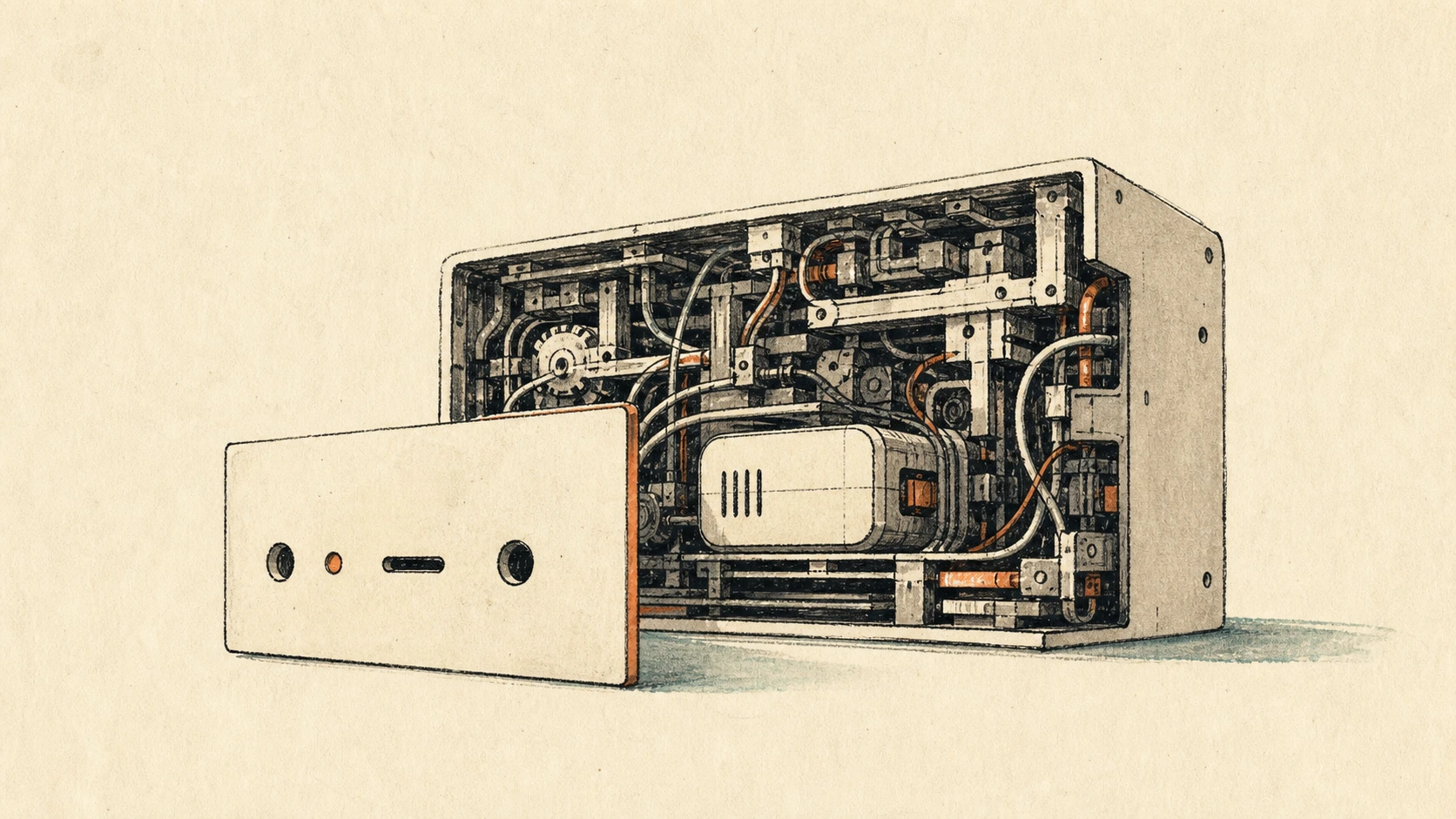 A small clean interface panel hiding a larger messy mechanical backend.